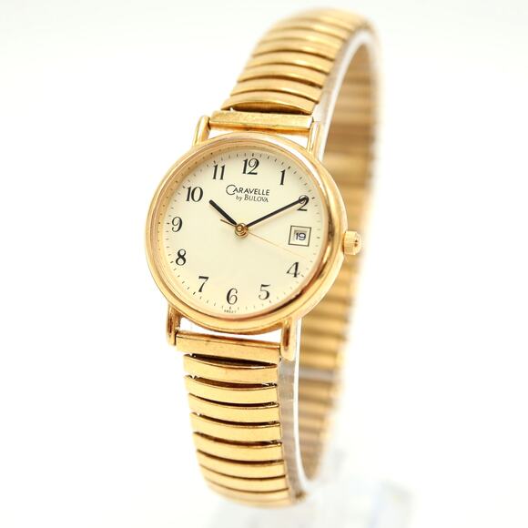 Caravelle by Bulova Gold Tone Watch 27mm Cream Date Expansion Band w New Battery - Picture 1 of 12